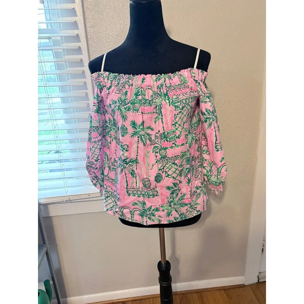 Lilly Pulitzer Winifred off shoulder puff long sleeve top in Mandevilla Size XS